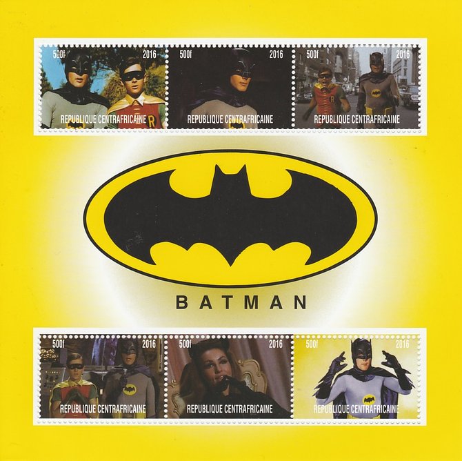 Central African Republic 2016 Batman perf sheetlet containing 6 values unmounted mint. Note this item is privately produced and is offered purely on its thematic appeal, stamps on films, stamps on movies, stamps on cinema, stamps on sci-fi