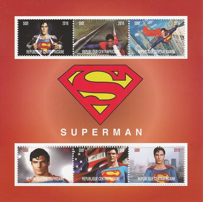 Central African Republic 2016 Superman perf sheetlet containing 6 values unmounted mint. Note this item is privately produced and is offered purely on its thematic appeal, stamps on , stamps on  stamps on films, stamps on  stamps on movies, stamps on  stamps on cinema, stamps on  stamps on sci-fi