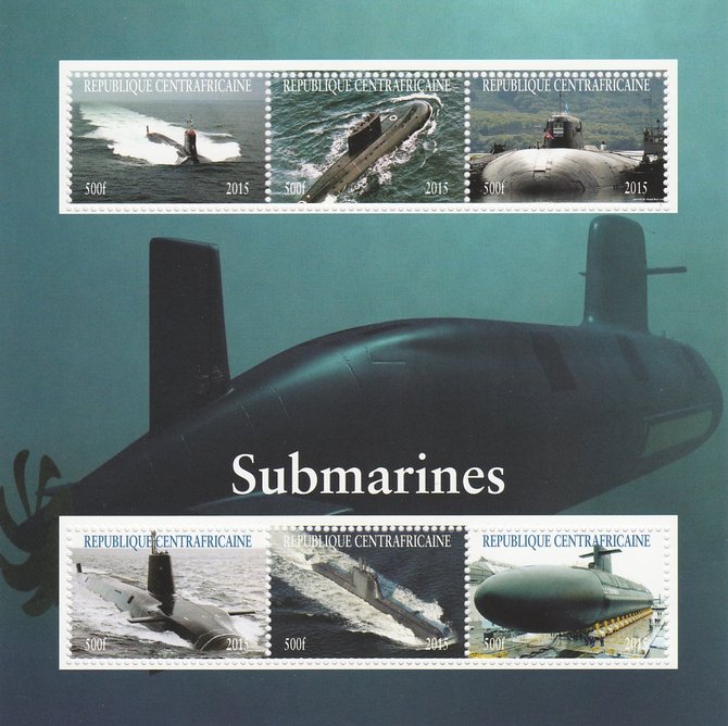 Central African Republic 2015 Submarines perf sheetlet containing 6 values unmounted mint. Note this item is privately produced and is offered purely on its thematic appe..., stamps on ships, stamps on submarines