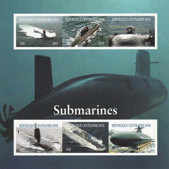 Central African Republic 2015 Submarines imperf sheetlet containing 6 values unmounted mint. Note this item is privately produced and is offered purely on its thematic ap..., stamps on ships, stamps on submarines