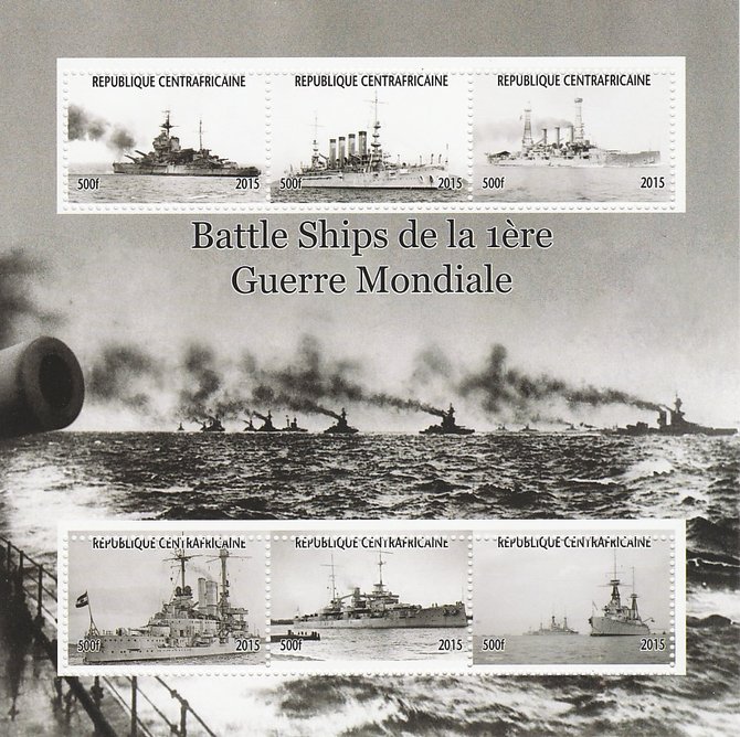 Central African Republic 2015 Battle Ships of WW1 perf sheetlet containing 6 values unmounted mint. Note this item is privately produced and is offered purely on its thematic appeal, stamps on ships, stamps on  ww1 , stamps on 