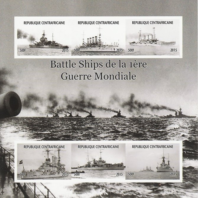 Central African Republic 2015 Battle Ships of WW1 imperf sheetlet containing 6 values unmounted mint. Note this item is privately produced and is offered purely on its thematic appeal, stamps on , stamps on  stamps on ships, stamps on  stamps on  ww1 , stamps on  stamps on 