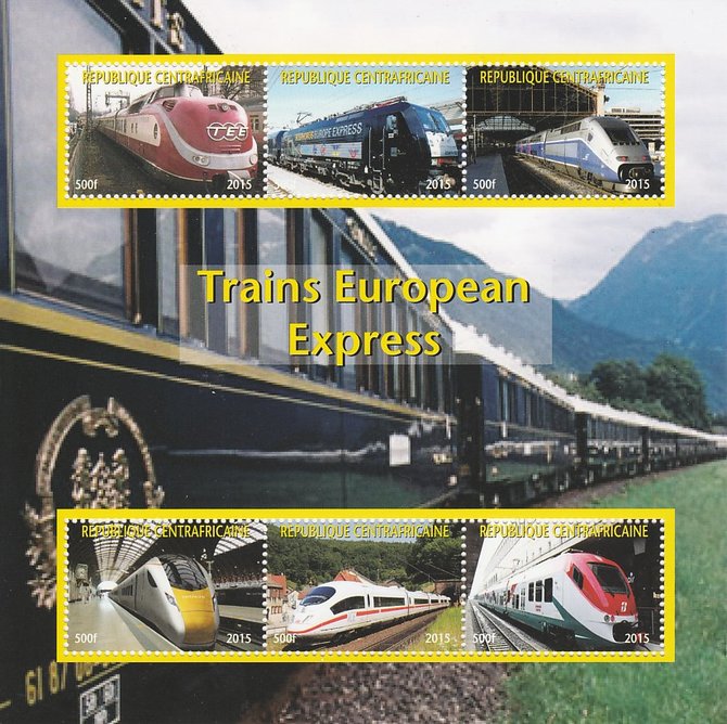 Central African Republic 2015 Express Trains of Europe #1 perf sheetlet containing 6 values unmounted mint. Note this item is privately produced and is offered purely on its thematic appeal, stamps on railways, stamps on 