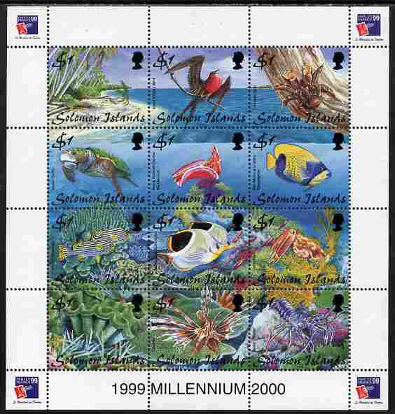 Solomon Islands 1999  Philex France composite perf sheetlet containing 12 values unmounted mint SG 924-35, stamps on , stamps on  stamps on stamp exhibitions, stamps on  stamps on marine life, stamps on  stamps on birds, stamps on  stamps on crabs, stamps on  stamps on turtles, stamps on  stamps on fish, stamps on  stamps on shells, stamps on  stamps on coral