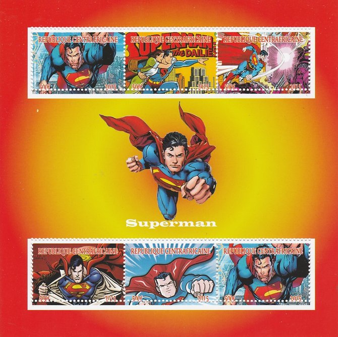 Central African Republic 2015 Superman perf sheetlet containing 6 values unmounted mint. Note this item is privately produced and is offered purely on its thematic appeal, stamps on films, stamps on cinema, stamps on movies, stamps on  tv , stamps on sci-fi, stamps on superman
