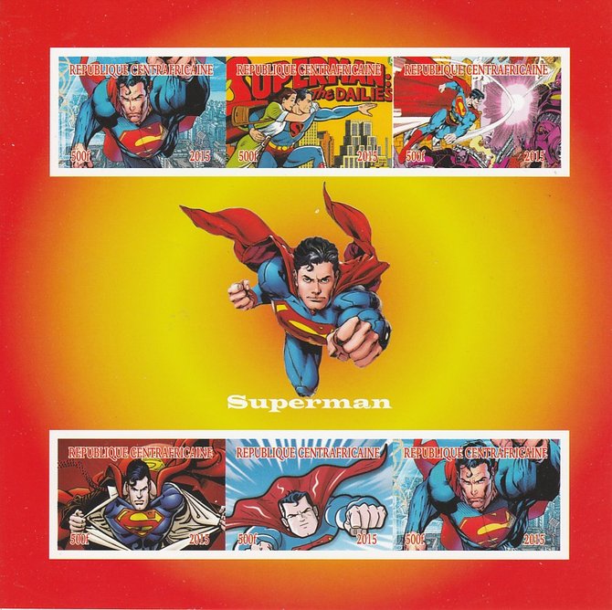 Central African Republic 2015 Superman imperf sheetlet containing 6 values unmounted mint. Note this item is privately produced and is offered purely on its thematic appeal, stamps on films, stamps on cinema, stamps on movies, stamps on  tv , stamps on sci-fi, stamps on superman