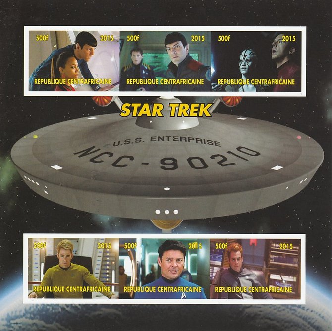 Central African Republic 2015 Star Trek #1 imperf sheetlet containing 6 values unmounted mint. Note this item is privately produced and is offered purely on its thematic ..., stamps on films, stamps on cinema, stamps on movies, stamps on  tv , stamps on sci-fi, stamps on star trek