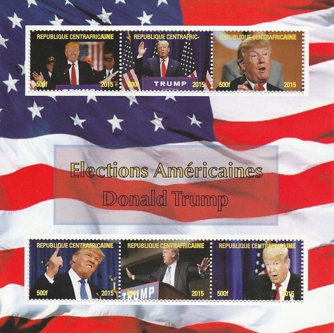 Central African Republic 2015 US Elections - Donald Trump perf sheetlet containing 6 values unmounted mint. Note this item is privately produced and is offered purely on its thematic appeal, stamps on , stamps on  stamps on usa presidents, stamps on  stamps on americana, stamps on  stamps on trump, stamps on  stamps on flags