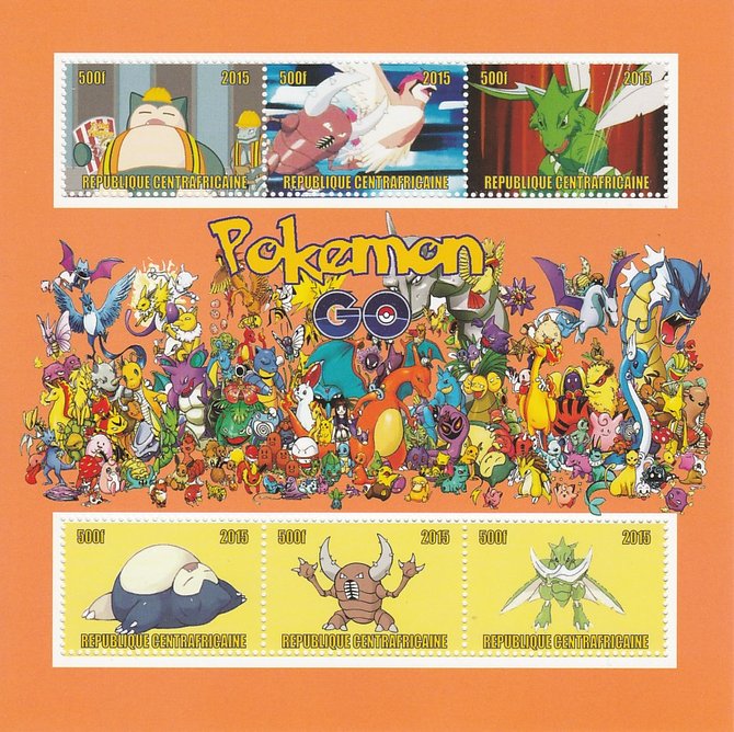 Central African Republic 2015 Pokemon #2 (orange background) perf sheetlet containing 6 values unmounted mint. Note this item is privately produced and is offered purely on its thematic appeal, stamps on films, stamps on movies, stamps on cinema, stamps on pokemon