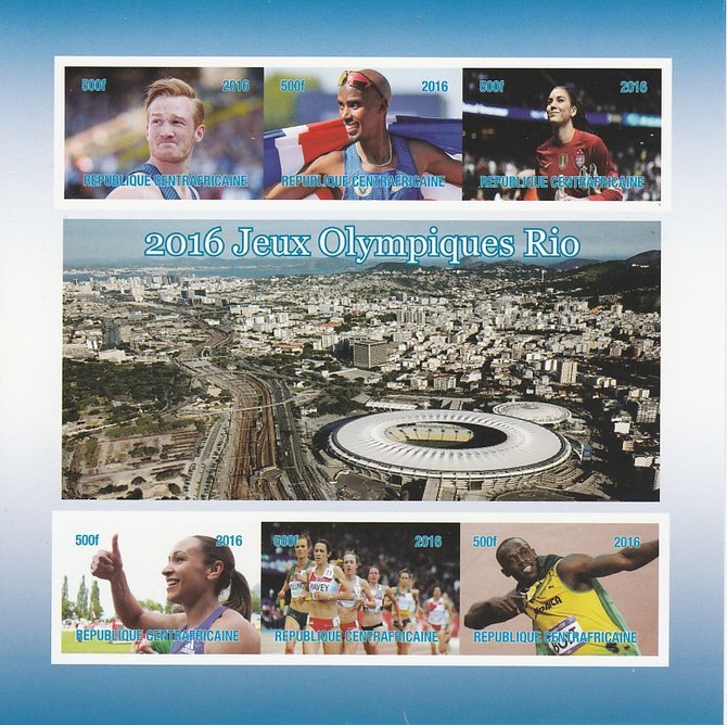 Central African Republic 2016 Rio Olympics imperf sheetlet containing 6 values unmounted mint. Note this item is privately produced and is offered purely on its thematic ..., stamps on olympics, stamps on athletics