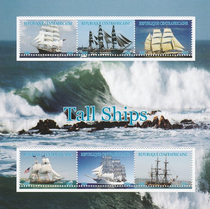 Central African Republic 2016 Tall Ships perf sheetlet containing 6 values unmounted mint. Note this item is privately produced and is offered purely on its thematic appe..., stamps on ships