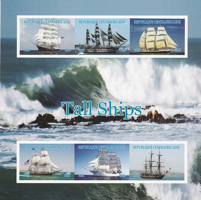 Central African Republic 2016 Tall Ships imperf sheetlet containing 6 values unmounted mint. Note this item is privately produced and is offered purely on its thematic ap..., stamps on ships