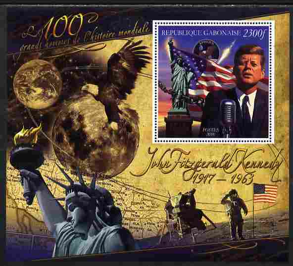 Gabon 2010-12 Greatest Personalities in World History - John F Kennedy large perf s/sheet unmounted mint, stamps on personalities, stamps on kennedy, stamps on usa presidents, stamps on americana, stamps on statue of liberty, stamps on flags