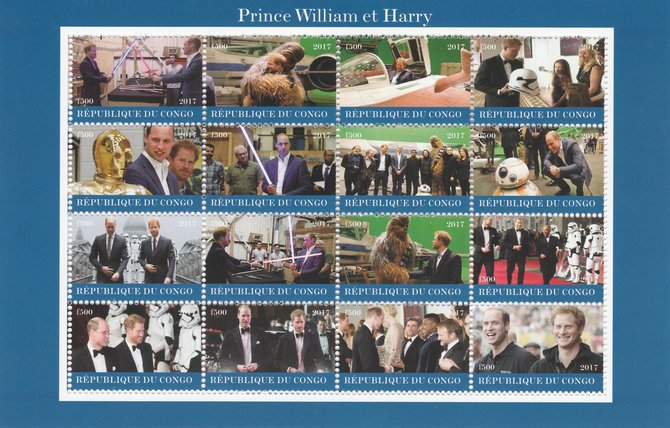 Congo 2017 Prince William & Harry perf sheetlet containing 16 values unmounted mint. Note this item is privately produced and is offered purely on its thematic appeal, stamps on , stamps on  stamps on royalty, stamps on  stamps on william, stamps on  stamps on harry