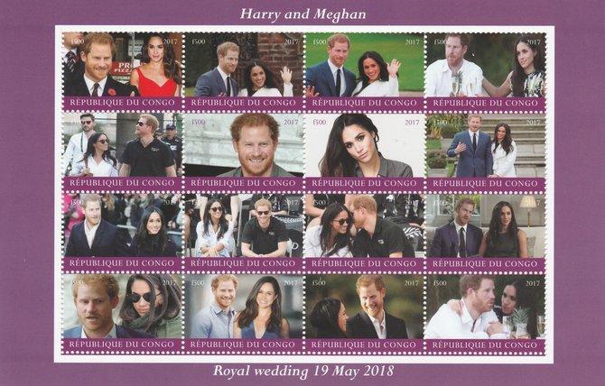 Congo 2017 Prince Harry & Meghan perf sheetlet containing 16 values unmounted mint. Note this item is privately produced and is offered purely on its thematic appeal, stamps on royalty, stamps on meghan, stamps on harry