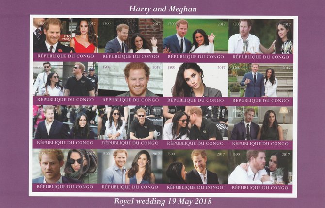 Congo 2017 Prince Harry & Meghan imperf sheetlet containing 16 values unmounted mintNote this item is privately produced and is offered purely on its thematic appeal, it has no postal validity, stamps on royalty, stamps on meghan, stamps on harry