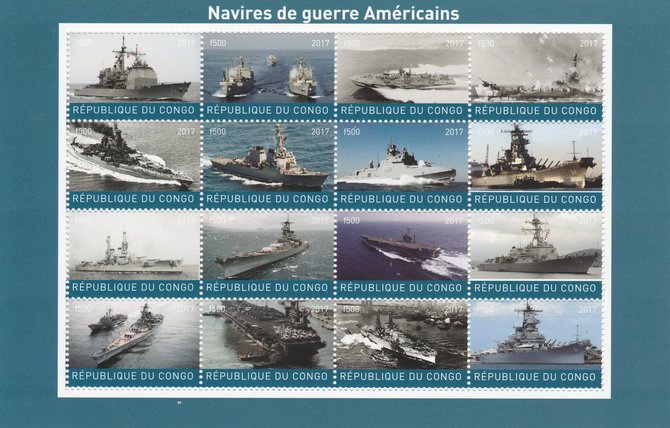 Congo 2017 Battle Ships of America perf sheetlet containing 16 values unmounted mint. Note this item is privately produced and is offered purely on its thematic appeal, stamps on ships, stamps on americana
