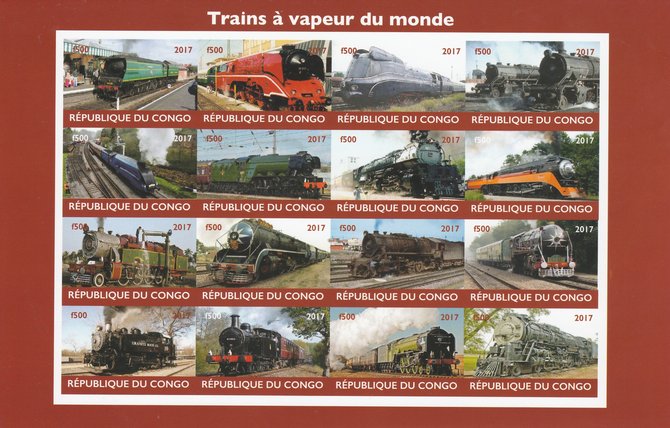 Congo 2017 Steam Trains of the World imperf sheetlet containing 16 values unmounted mint Note this item is privately produced and is offered purely on its thematic appeal, it has no postal validity, stamps on railways