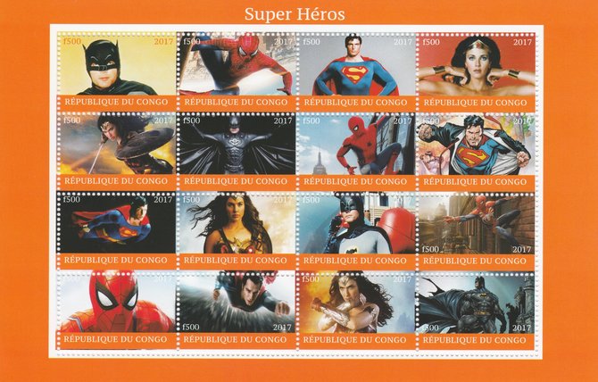 Congo 2017 Super Heroes perf sheetlet containing 16 values  (Superman, Batman, Spiderman & Wonder Woman) unmounted mint. Note this item is privately produced and is offered purely on its thematic appeal. , stamps on films, stamps on cinema, stamps on movies, stamps on superman, stamps on batman, stamps on spiderman, stamps on wonder woman, stamps on 