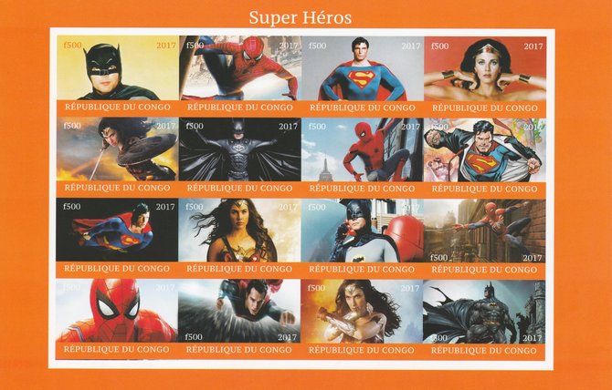 Congo 2017 Super Heroes imperf sheetlet containing 16 values unmounted mint (Superman, Batman, Spiderman & Wonder Woman) Note this item is privately produced and is offer..., stamps on films, stamps on cinema, stamps on movies, stamps on superman, stamps on batman, stamps on spiderman, stamps on wonder woman, stamps on 