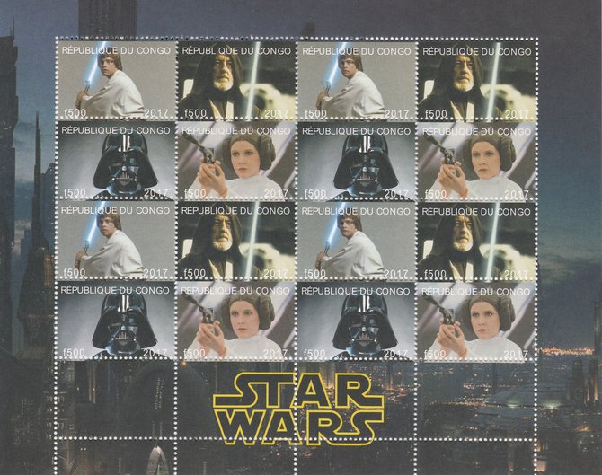 Congo 2017 Star Wars perf sheetlet containing 16 values (4 setenant blocks of 4) unmounted mint. Note this item is privately produced and is offered purely on its thematic appeal , stamps on films, stamps on cinema, stamps on movies, stamps on sci-fi, stamps on star wars