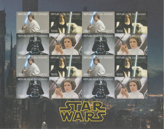 Congo 2017 Star Wars imperf sheetlet containing 16 values (4 setenant blocks of 4) unmounted mint Note this item is privately produced and is offered purely on its thematic appeal, it has no postal validity, stamps on films, stamps on cinema, stamps on movies, stamps on sci-fi, stamps on star wars