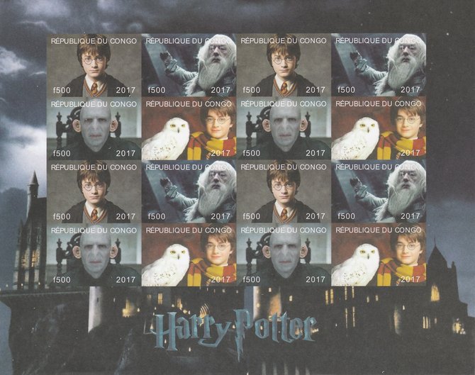 Congo 2017 Harry Potter #1 imperf sheetlet containing 16 values (4 setenant blocks of 4) unmounted mint Note this item is privately produced and is offered purely on its thematic appeal, it has no postal validity, stamps on films, stamps on cinema, stamps on movies, stamps on sci-fi, stamps on harry potter