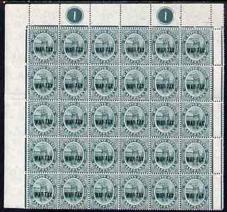 St Kitts-Nevis 1916 War Tax 1/2d green (Columbus) an impressive NW corner block of 30 with plate No.1, unmounted mint SG 22, stamps on , stamps on  kg5 , stamps on 