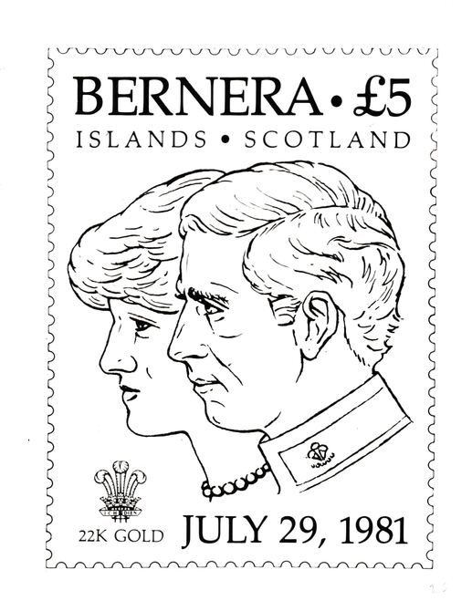 Bernera 1981 Royal Wedding originalmpen & ink artwork on white card showing Charles & Diana intended for the Â£5 stamp embossed in gold foil, image design 72 x 95 mm, stamps on royalty, stamps on charles, stamps on diana