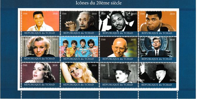 Chad 1018 Icons of 20th Century perf sheet containing 12 values unmounted mint. Note this item is privately produced and is offered purely on its thematic appeal. . , stamps on personalities, stamps on  millennium, stamps on elvis, stamps on churchill, stamps on einstein, stamps on kennedy, stamps on beatles, stamps on music, stamps on chaplin, stamps on 