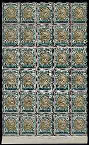 Iran 1909 Lion issue 2k brown, green & silver impressive reprint block of 30 (6x5) some split perfs & slight winkles but unmounted mint SG 346, stamps on cats, stamps on lions