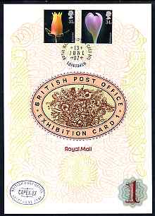 Great Britain 1987 Flower Photographs, the 31p & 34p values on Royal Mail Exhibition Card No.1 cancelled 13 June in Edinburgh plus special CAPEX cancellation with English..., stamps on flowers, stamps on photography, stamps on stamp exhibitions, stamps on scots, stamps on scotland