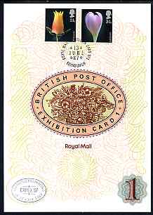 Great Britain 1987 Flower Photographs, the 31p & 34p values on Royal Mail Exhibition Card No.1 cancelled 13 June in Edinburgh plus special CAPEX cancellation with French text., stamps on flowers, stamps on photography, stamps on stamp exhibitions, stamps on scots, stamps on scotland