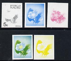 Nauru 1973 Plant (Erekogo) 5c definitive (SG 103) set of 5 unmounted mint IMPERF progressive proofs on gummed paper (blue, magenta, yelow, black and blue & yellow) , stamps on flowers