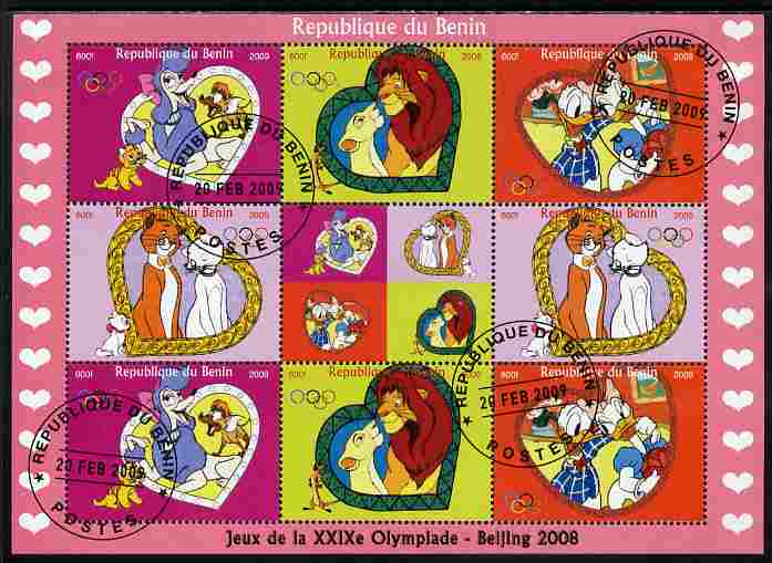 Benin 2009 Beijing Olympics #2 - Disney Characters perf sheetlet containing 8 values plus label fine cto used, stamps on olympics, stamps on disney, stamps on lions, stamps on cats