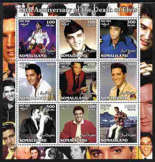 Somaliland 2002 25th Death Anniversary of Elvis Presley #1 perf sheetlet containing 9 values, unmounted mint. Note this item is privately produced and is offered purely on its thematic appeal, stamps on entertainments, stamps on films, stamps on cinema, stamps on elvis, stamps on music
