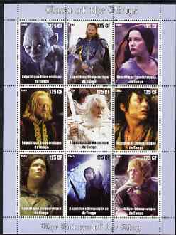 Congo 2003 Lord of the Rings - The Return of the King perf sheetlet containing 9 x 135 CF values unmounted mint, stamps on films, stamps on movies, stamps on literature, stamps on fantasy, stamps on entertainments, stamps on 