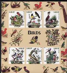 Congo 2005 Birds imperf sheetlet containing 6 values each with Scouts Logo unmounted mint, stamps on birds, stamps on scouts