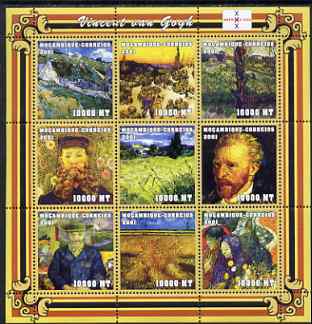 Mozambique 2001 Paintings by Vincent Van Gogh perf sheetlet containing 9 values unmounted mint with Amphilex Imprint (9 x 10,000 MT) Mi 2043-51, Sc 1488, stamps on arts, stamps on van gogh, stamps on stamp exhibitions