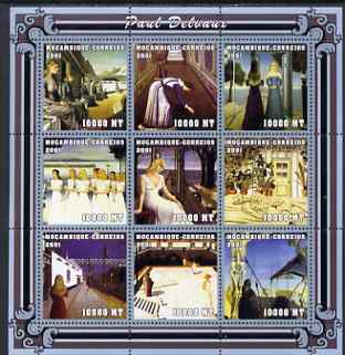 Mozambique 2001 Paintings by Paul Delvaux perf sheetlet containing 9 values unmounted mint (9 x 10,000 MT) Mi 2025-33, Sc 1483, stamps on arts, stamps on delvaux, stamps on 