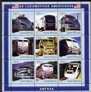 Guinea - Bissau 2001 Locomotives - Amtrak perf sheetlet containing 9 values (350 FCFA) unmounted mint Mi 1800-08, stamps on railways