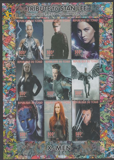 Chad 2018 Tribute to Stan Lee - X-Men perf sheetlet containing 9 values unmounted mint. Note this item is privately produced and is offered purely on its thematic appeal., stamps on fulms, stamps on  tv , stamps on  cinema, stamps on movis, stamps on 