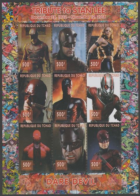 Chad 2018 Tribute to Stan Lee - Dare Fevil perf sheetlet containing 9 values unmounted mint. Note this item is privately produced and is offered purely on its thematic appeal., stamps on , stamps on  stamps on fulms, stamps on  stamps on  tv , stamps on  stamps on  cinema, stamps on  stamps on movis, stamps on  stamps on 