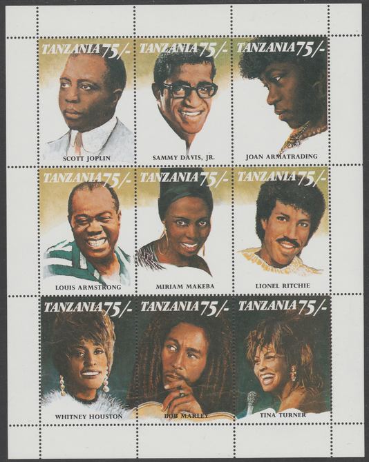Tanzania 1992 Black Musicians & Singers perf sheetlet containing 9 values unmounted mint. Note this item is privately produced and is offered purely on its thematic appea..., stamps on music, stamps on jazz, stamps on louis armstrong, stamps on tina turner, stamps on whitney houston, stamps on bob marley, stamps on sammy davis jr, stamps on lionel ritchie