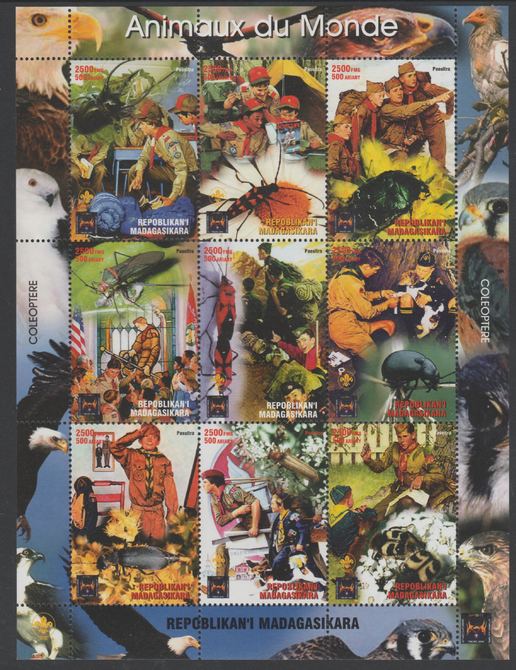Madagascar 2005 Rockwell Scouts & Animals perf sheetlet containing 9 values unmounted mint. Note this item is privately produced and is offered purely on its thematic appeal. . , stamps on scouts, stamps on rockwell, stamps on arts, stamps on animals