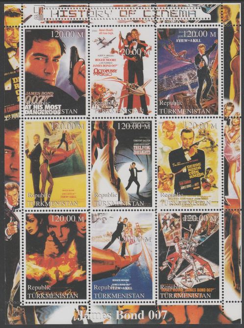 Turkmenistan 2000 History of the Cinema - James Bond perf sheetlet containing 9 values unmounted mint. Note this item is privately produced and is offered purely on its thematic appeal, it has no postal validity, stamps on films, stamps on movies, stamps on cinema, stamps on james bond, stamps on  spy , stamps on 