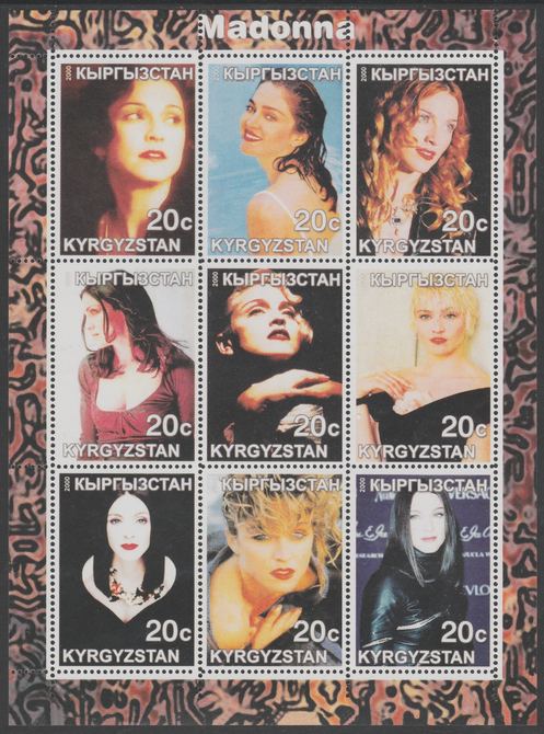 Kyrgyzstan 2000 Madonna perf sheetlet containing 9 values unmounted mint. Note this item is privately produced and is offered purely on its thematic appeal, it has no postal validity, stamps on music, stamps on pops, stamps on madonna
