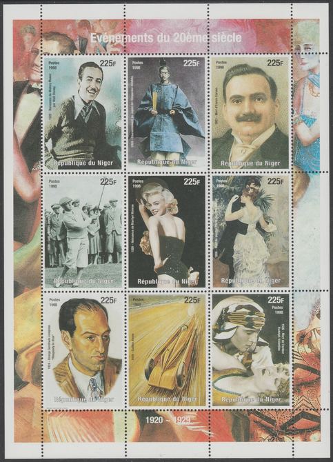 Niger Republic 1998 Events of the 20th Century 1920-1929 sheetlet containing 9 values unmounted mint. Note this item is privately produced and is offered purely on its th..., stamps on millennium, stamps on disney, stamps on golf, stamps on marilyn, stamps on renoir, stamps on films, stamps on cinema, stamps on music