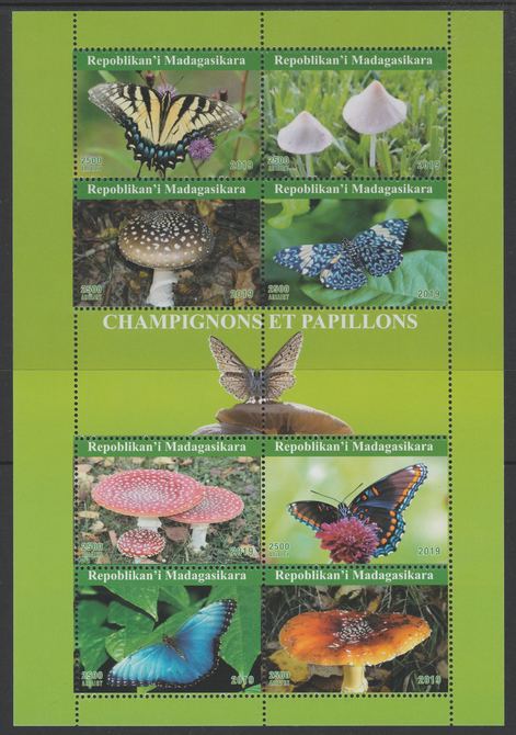 Madagascar 2019 Butterflies & Fungi perf sheetlet containing 8 values unmounted mint. Note this item is privately produced and is offered purely on its thematic appeal, it has no postal validity, stamps on butterflies, stamps on fungi