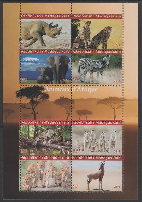 Madagascar 2019 Animals of Africa perf sheetlet containing 8 values unmounted mint. Note this item is privately produced and is offered purely on its thematic appeal, it has no postal validity, stamps on animals, stamps on rhinos, stamps on elephants, stamps on zebra, stamps on lions, stamps on cats, stamps on 
